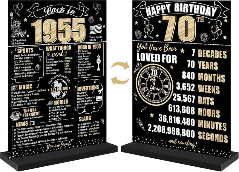 70th Birthday Table Sign - Black & Gold Wooden Decoration