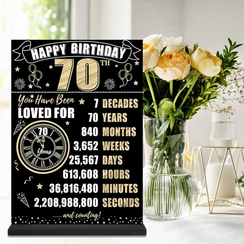 70th Birthday Table Sign - Black & Gold Wooden Decoration