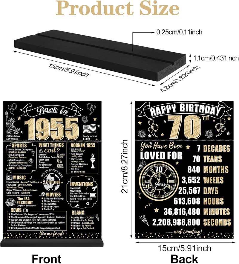 70th Birthday Table Sign - Black & Gold Wooden Decoration
