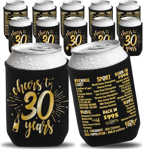 30th Birthday Beverage Can Cooler Sleeves - Vintage 1995 Pack of 12