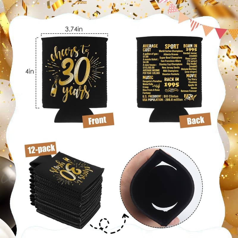30th Birthday Beverage Can Cooler Sleeves - Vintage 1995 Pack of 12