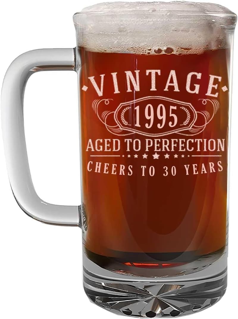 30th Birthday Vintage Etched Glass Beer Mug – 16oz