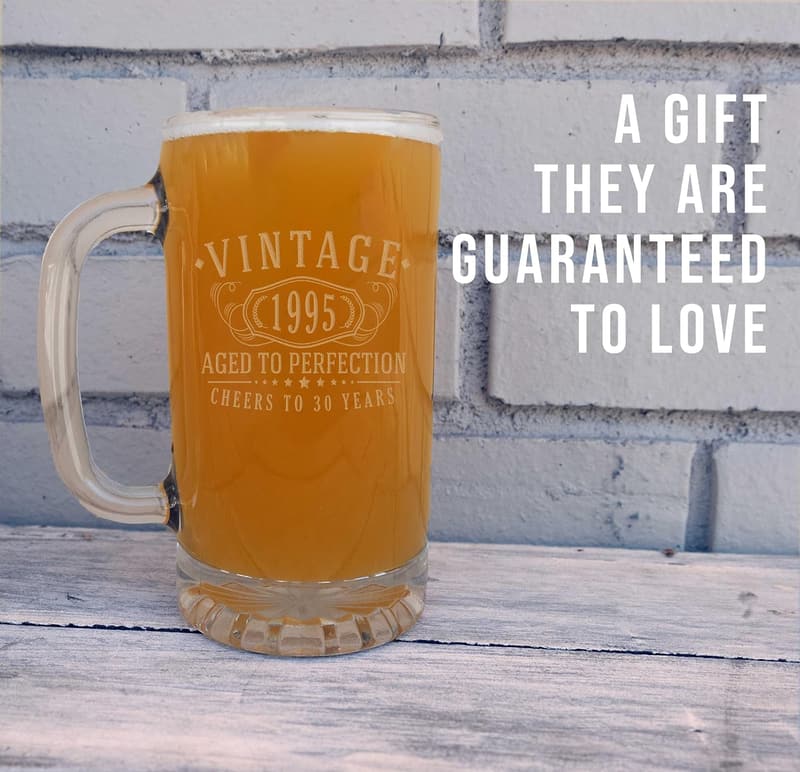 30th Birthday Vintage Etched Glass Beer Mug – 16oz