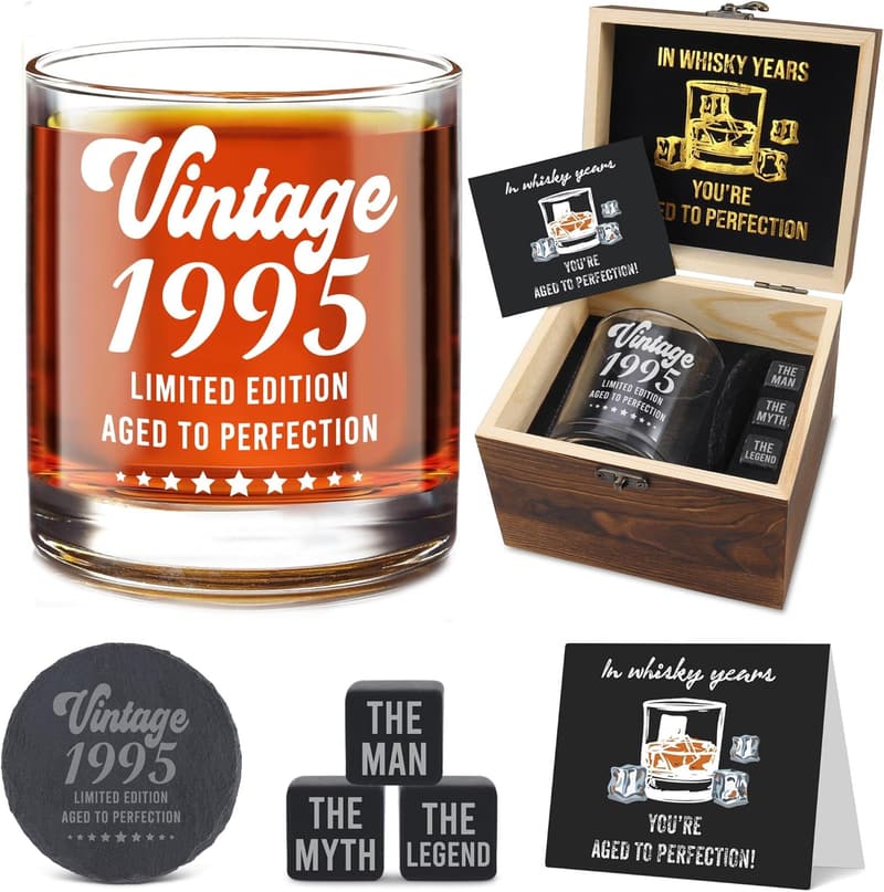 30th Birthday Whiskey Glass Set with Stones & Coaster for Men