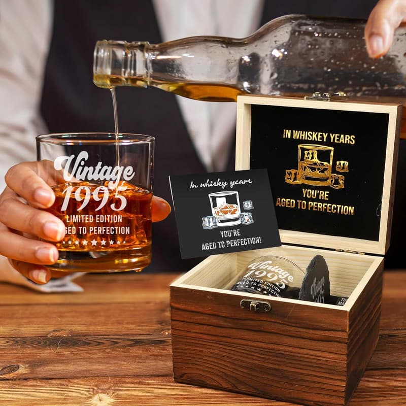 30th Birthday Whiskey Glass Set with Stones & Coaster for Men