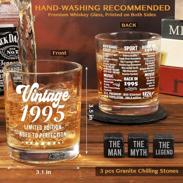 30th Birthday Whiskey Glass Set with Stones & Coaster for Men