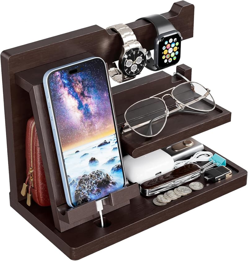 Brown Wood Phone Docking Station - Nightstand Organizer for Men
