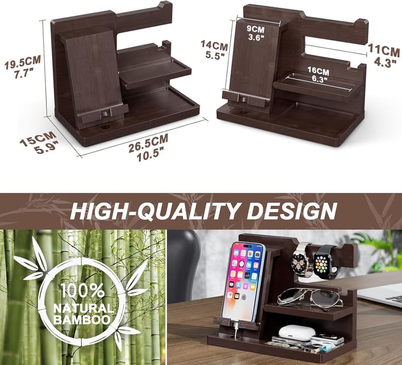 Brown Wood Phone Docking Station - Nightstand Organizer for Men