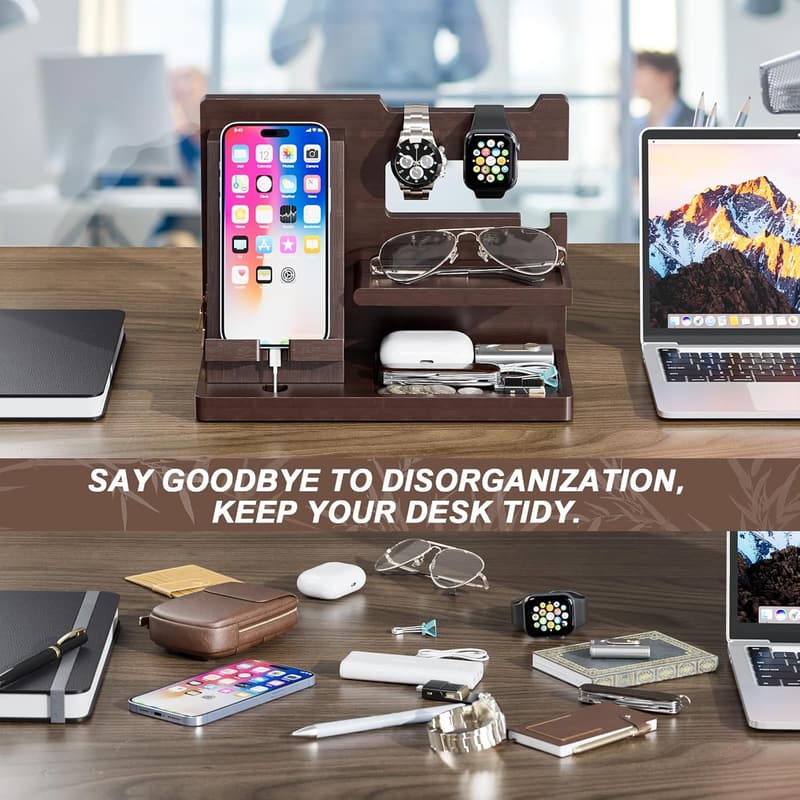 Brown Wood Phone Docking Station - Nightstand Organizer for Men