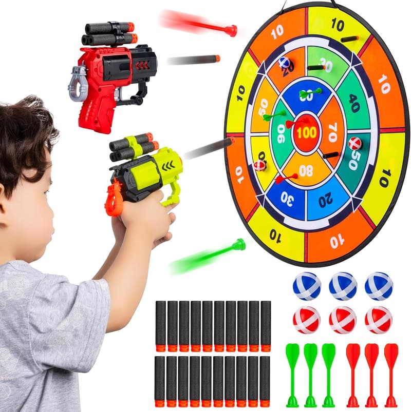 Dart Board Game Set for Kids - Double-Sided with Toy Guns & Balls