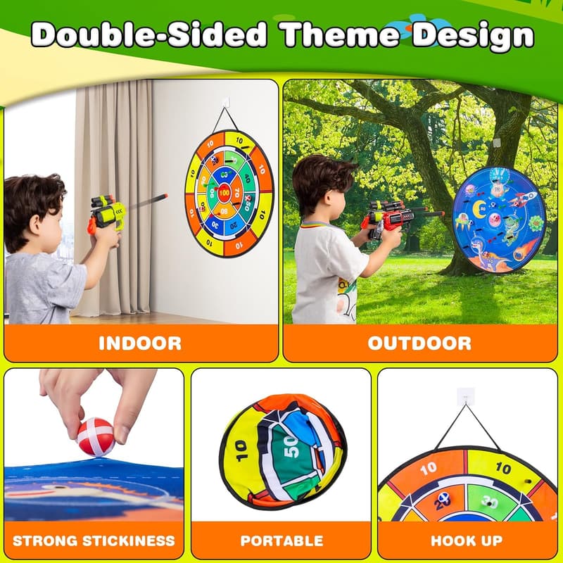 Dart Board Game Set for Kids - Double-Sided with Toy Guns & Balls