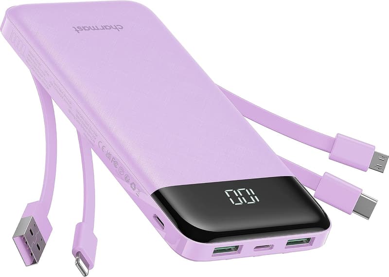 Slim 10000mAh Portable Charger with Built-in Cables - 6 Outputs