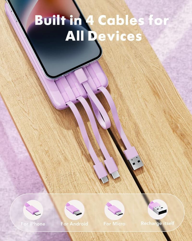 Slim 10000mAh Portable Charger with Built-in Cables - 6 Outputs