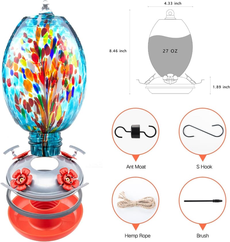 Garden Hummingbird Feeder - 27oz Blown Glass with Ant Moat
