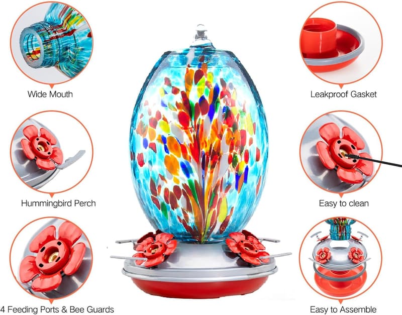 Garden Hummingbird Feeder - 27oz Blown Glass with Ant Moat