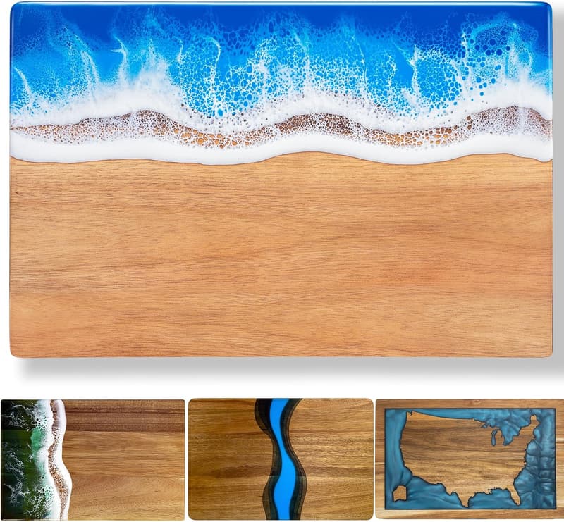 Blue Wave Resin Acacia Wood Cutting Board - Versatile 15x10