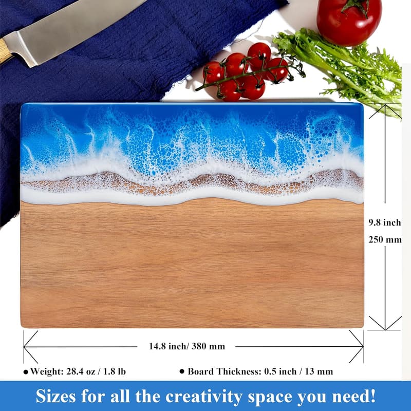 Blue Wave Resin Acacia Wood Cutting Board - Versatile 15x10
