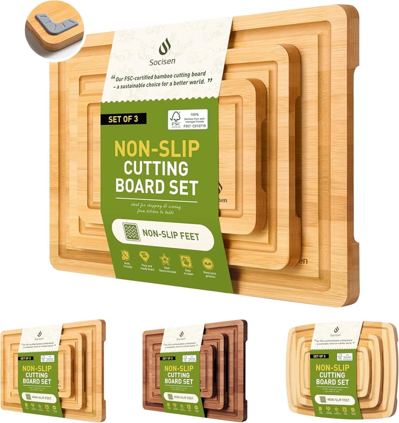 Bamboo Cutting Board Set with Juice Grooves & Handles for Home Cooks