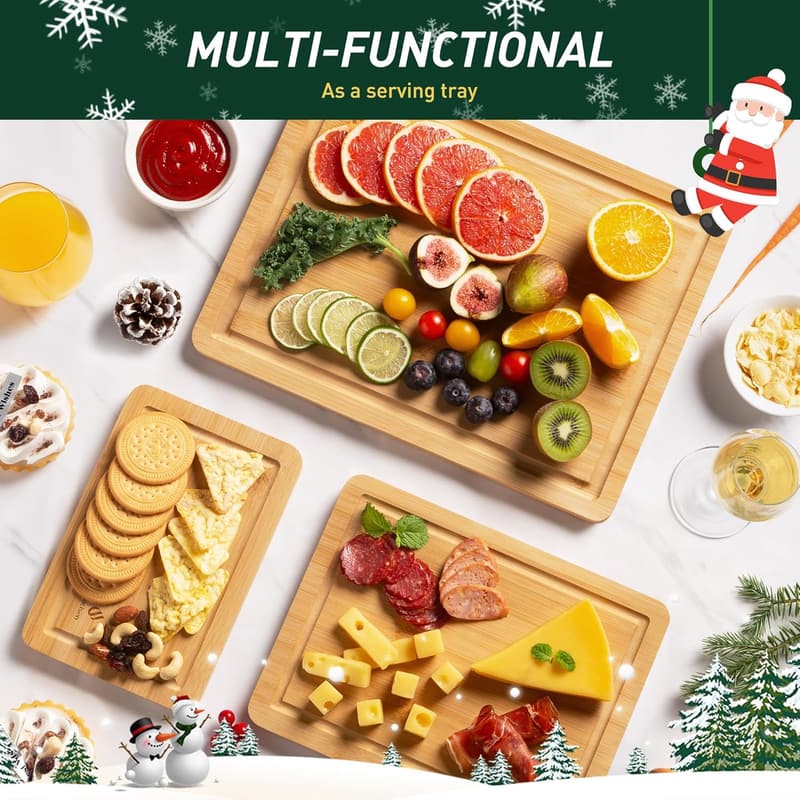 Bamboo Cutting Board Set with Juice Grooves & Handles for Home Cooks