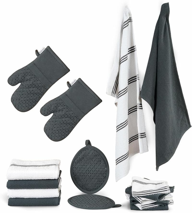 16-Piece Kitchen Towel Set with Heat-Resistant Mitts - Grey