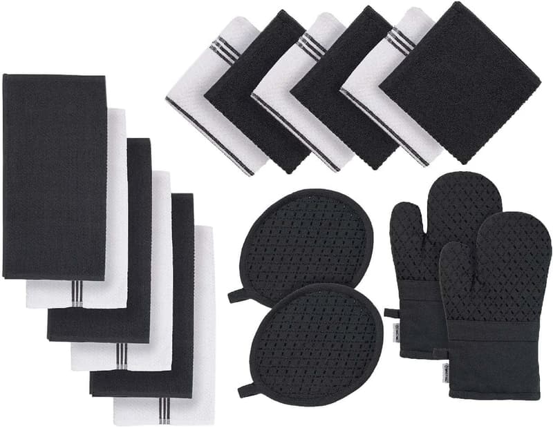 16-Piece Kitchen Towel Set with Heat-Resistant Mitts - Grey