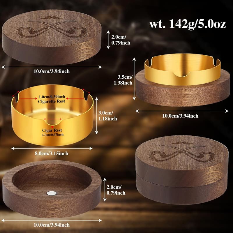 Indoor/Outdoor Wooden Ashtray with Lid - Gift for Men, Dad