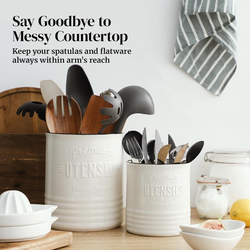 Large Ceramic Utensil Holder for Kitchen Decor & Housewarming Gift