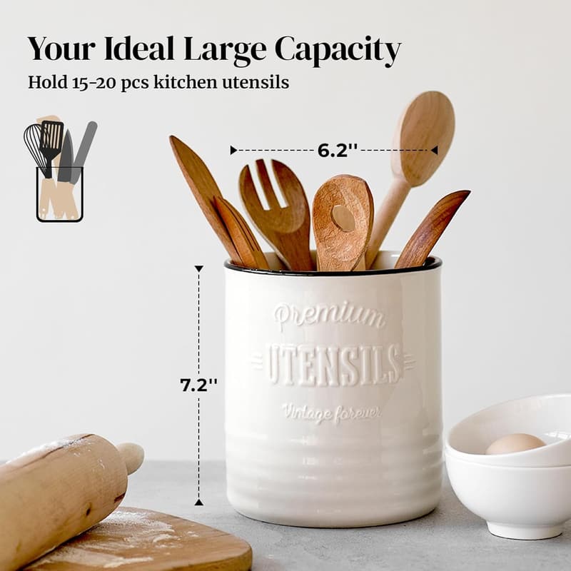 Large Ceramic Utensil Holder for Kitchen Decor & Housewarming Gift