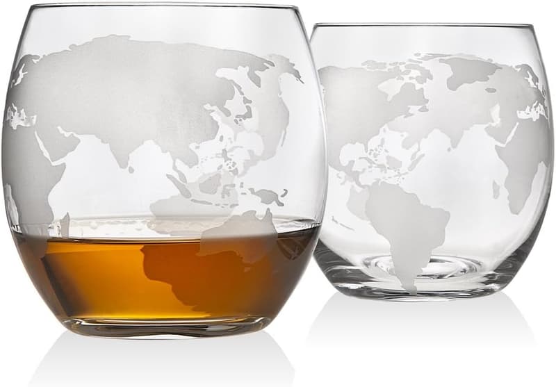 Etched Globe Map Old Fashioned Whiskey Glasses - Set of 2