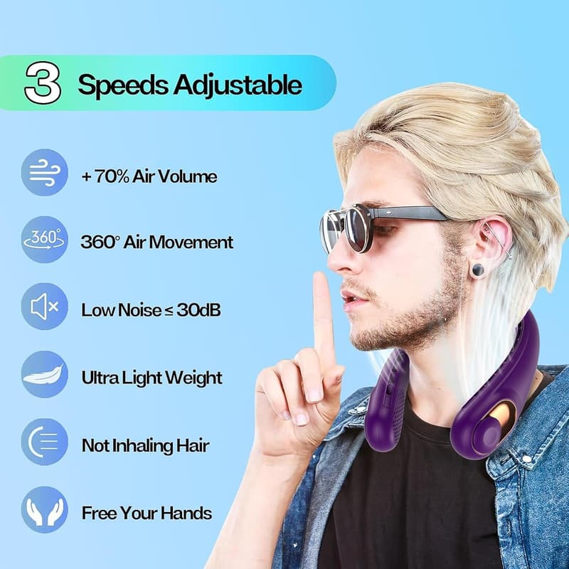 Portable Rechargeable Neck Fan with 3 Speed Settings