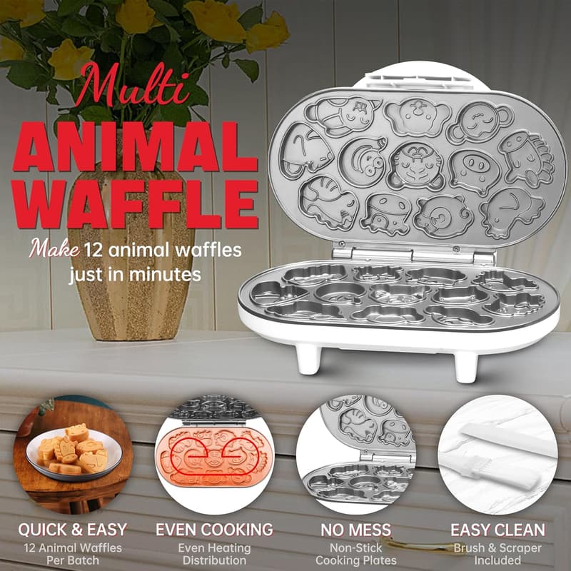 Animal Mini Waffle Maker with 12 Molds - Ideal Christmas Gift