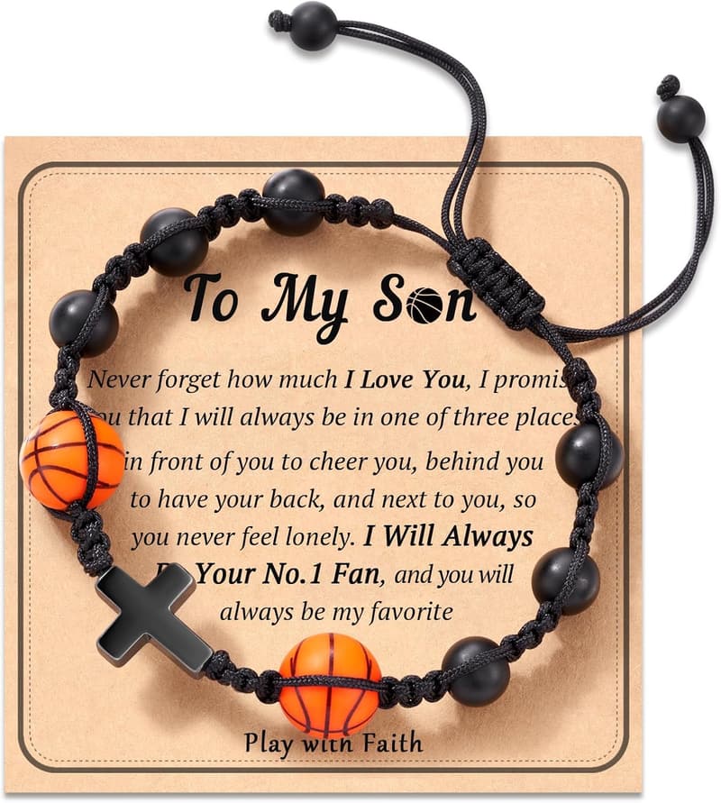Natural Stone Baseball Cross Bracelets for Teens with Gift Card