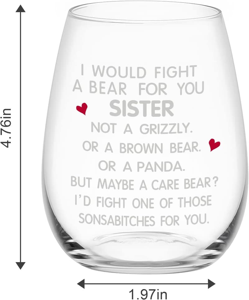 Funny Stemless Wine Glass for Sister – 15 oz Birthday Gift