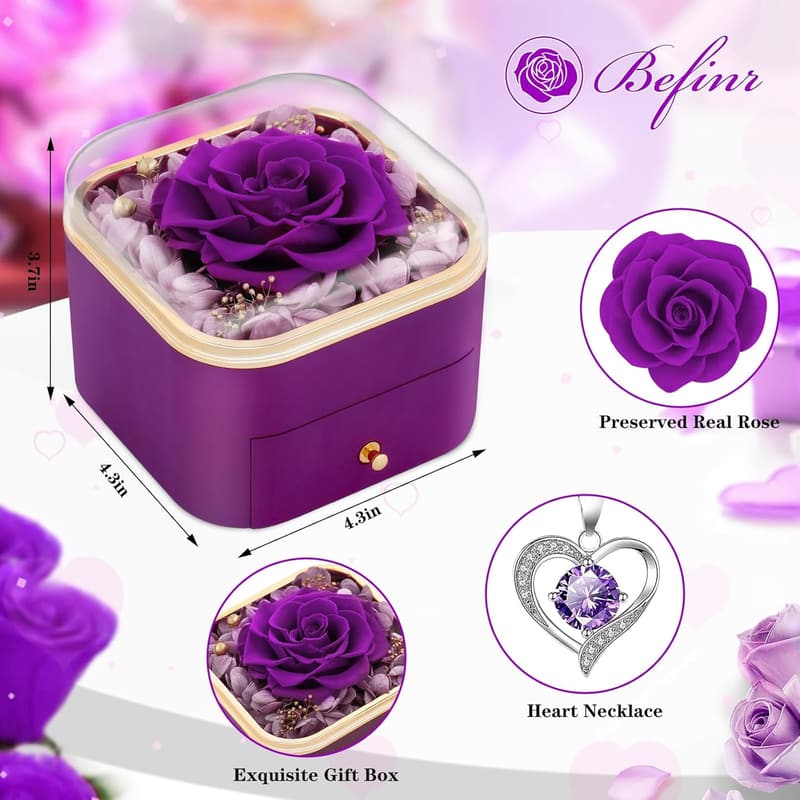 Eternal Purple Rose Gift Set with Necklace for Women