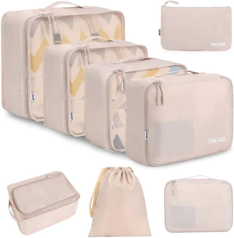 Travel Packing Cubes Set - 8 Piece Cream Organizer Bags