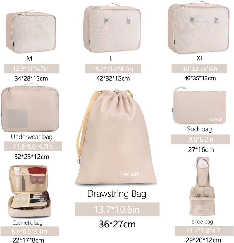 Travel Packing Cubes Set - 8 Piece Cream Organizer Bags