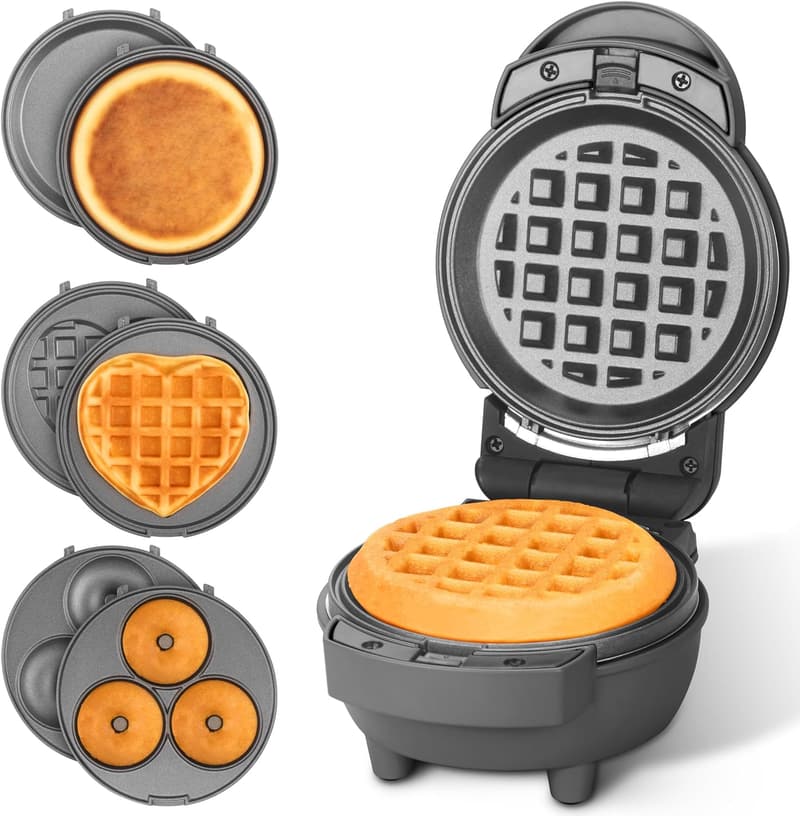 4-in-1 Mini Waffle Maker with Removable Plates - Compact Graphite