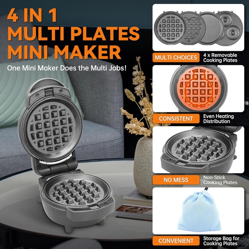 4-in-1 Mini Waffle Maker with Removable Plates - Compact Graphite