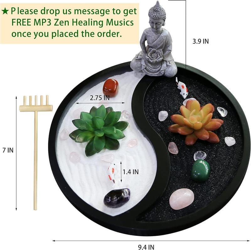 Zen Garden Kit with Healing Stones & Rake Tool for Meditation
