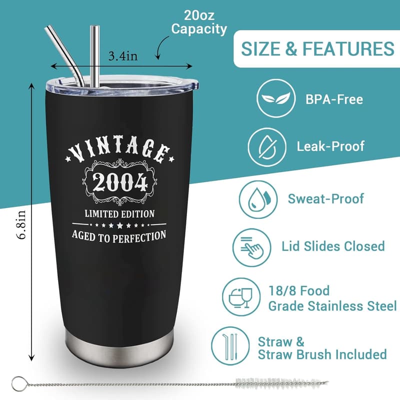 21st Birthday Tumbler Gift for Men, Vintage 2004 Design