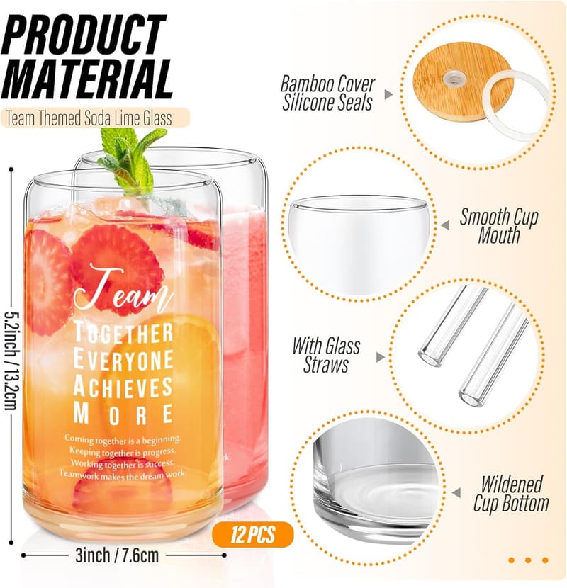 Employee Appreciation Glass Cups with Bamboo Lids - 12 Pack