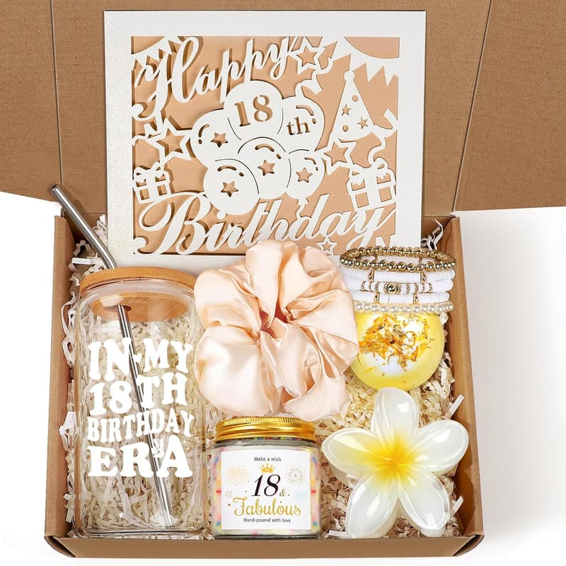 18th Birthday Gift Basket for Girls - 7pcs with Glass Cup