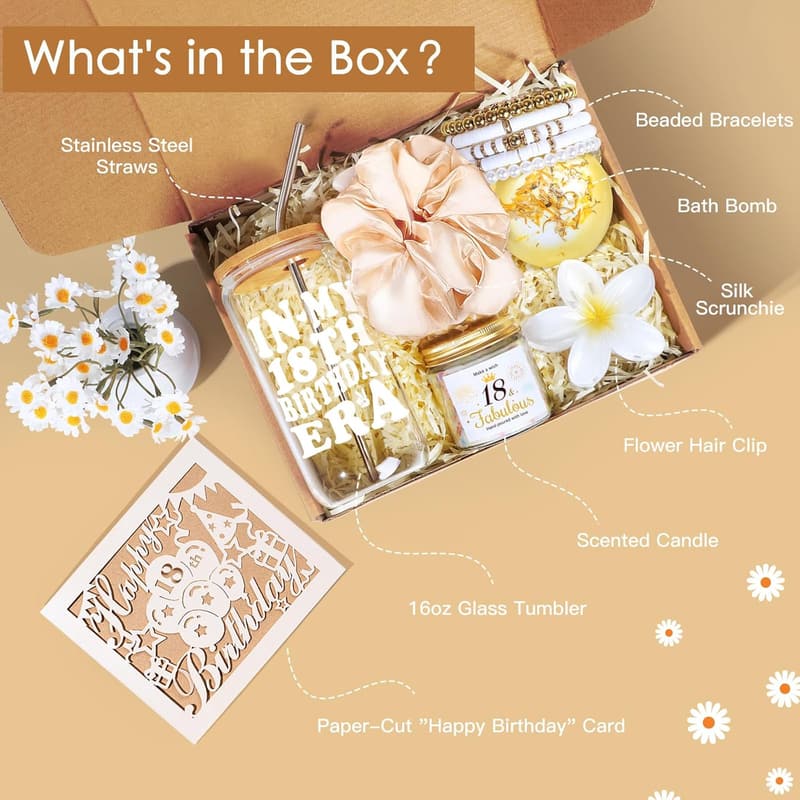 18th Birthday Gift Basket for Girls - 7pcs with Glass Cup