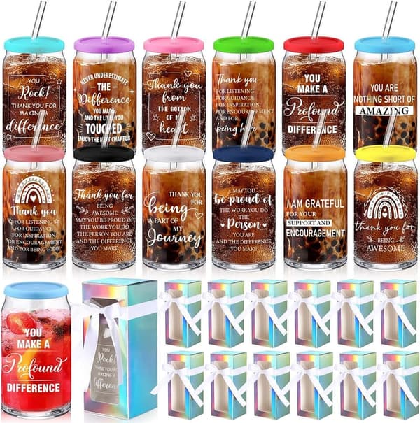 Employee Appreciation Gift Set - 12oz Can Shaped Glasses with Lids & Straws