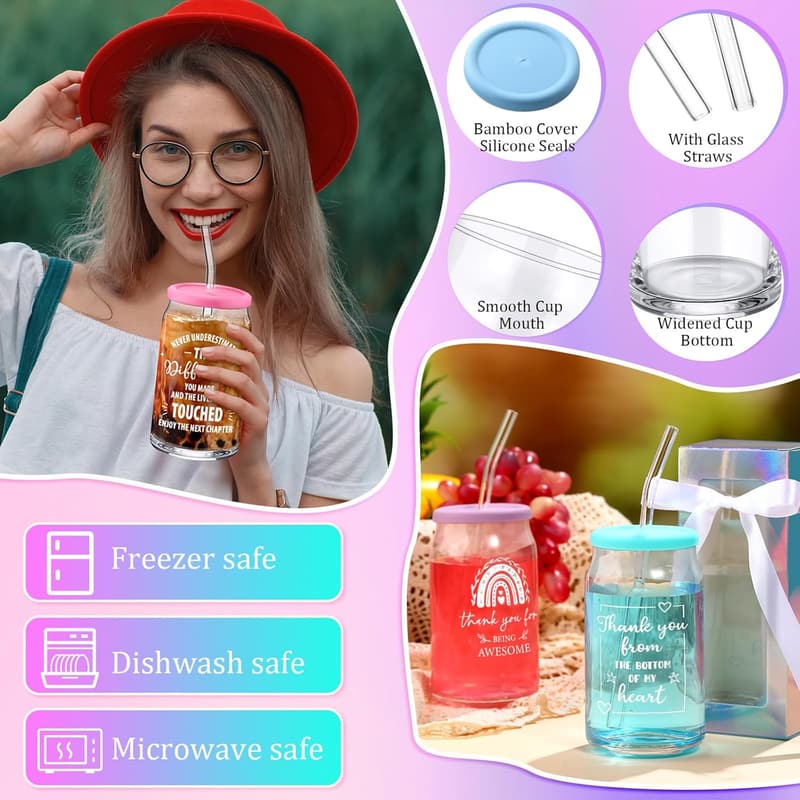 Employee Appreciation Gift Set - 12oz Can Shaped Glasses with Lids & Straws