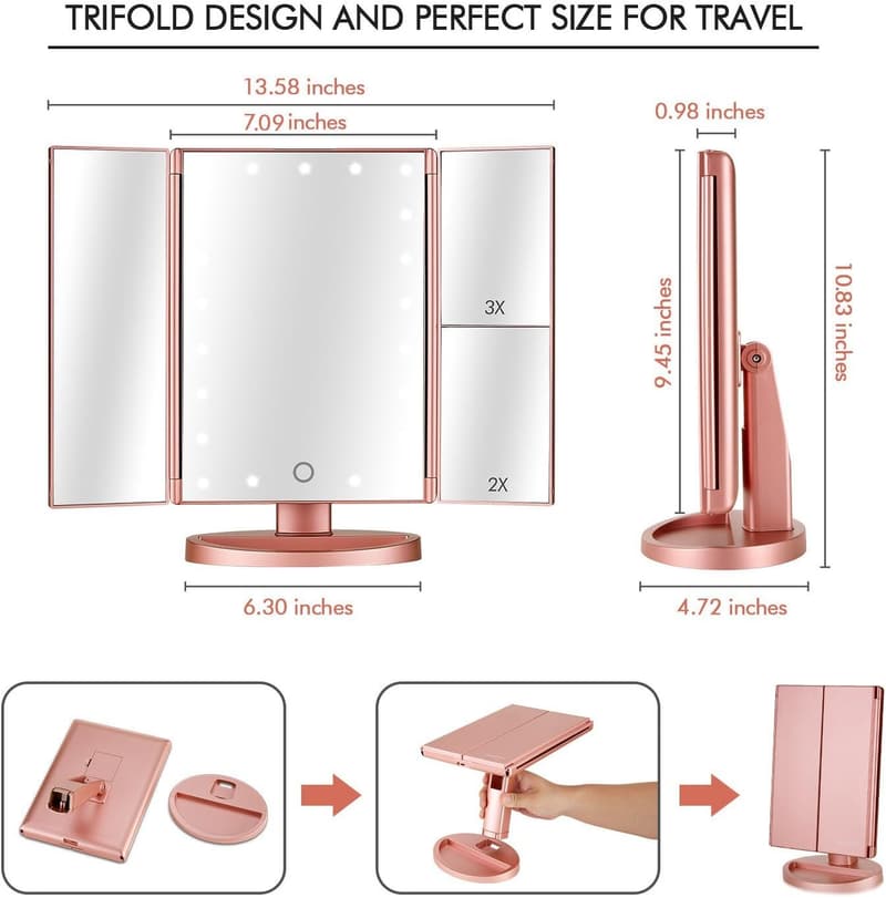 Lighted Tri-fold Vanity Makeup Mirror with 3x/2x Magnification