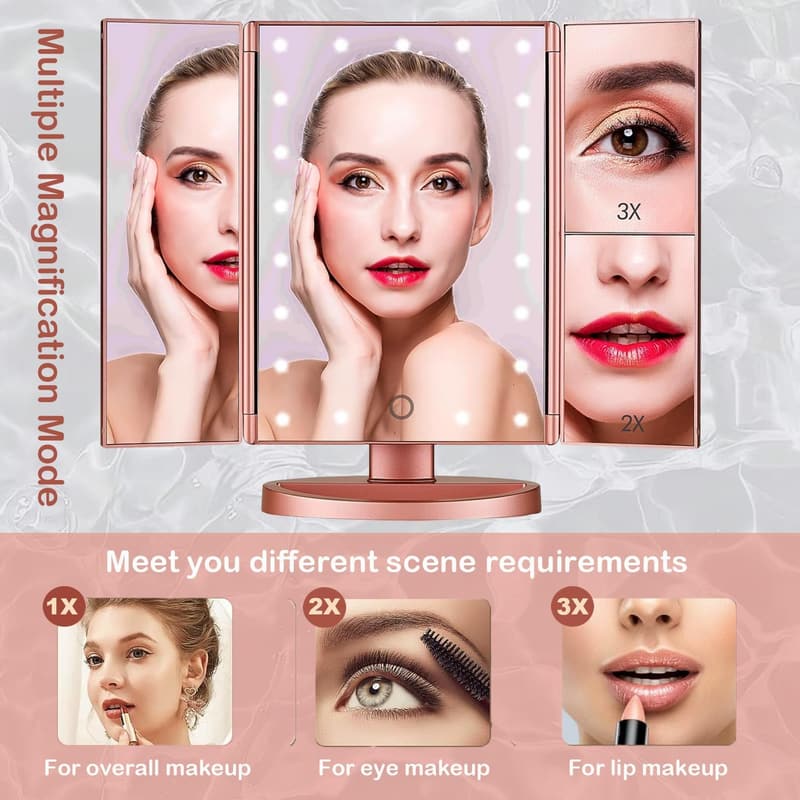 Lighted Tri-fold Vanity Makeup Mirror with 3x/2x Magnification