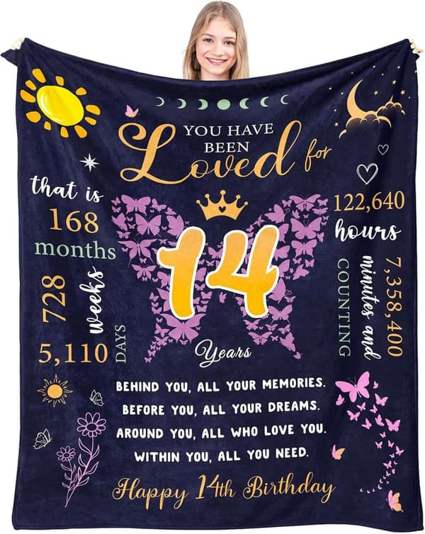 14th Birthday Throw Blanket Gift for Teen Girls, 60''x50''