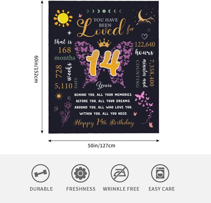 14th Birthday Throw Blanket Gift for Teen Girls, 60''x50''