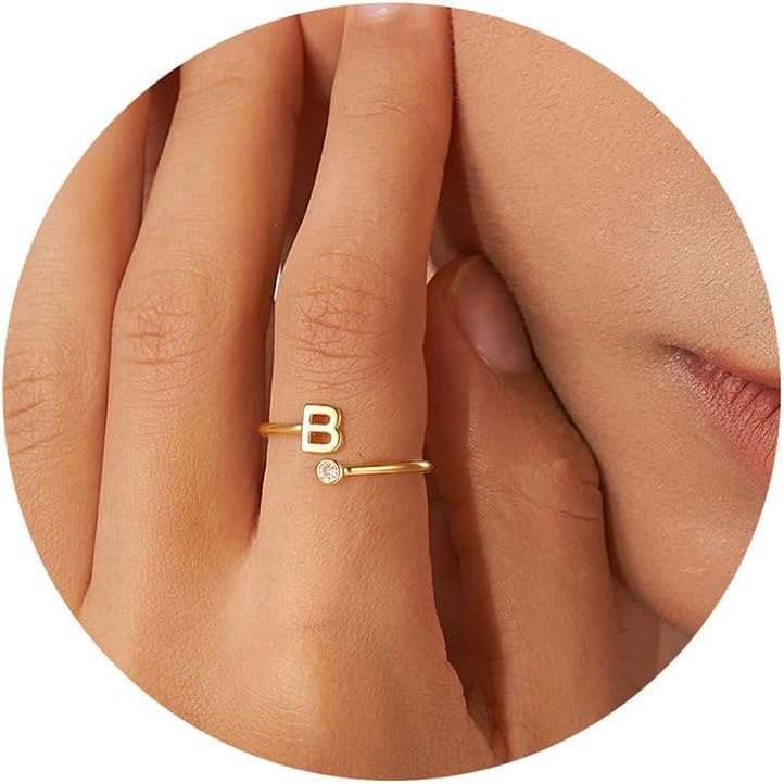 Dainty 14K Gold Plated Adjustable Letter Rings for Women